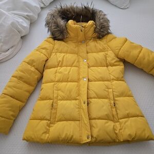 Tommy Hilfiger Yellow Puffer Jacket with Faux Fur Hood